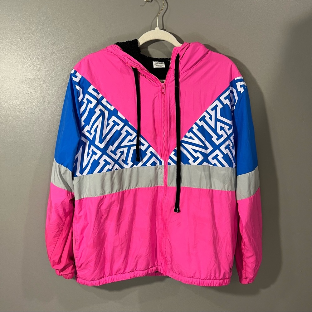 PINK Victoria’s Secret Full Zip Sherpa Lined Retro Windbreaker Jacket size M/L